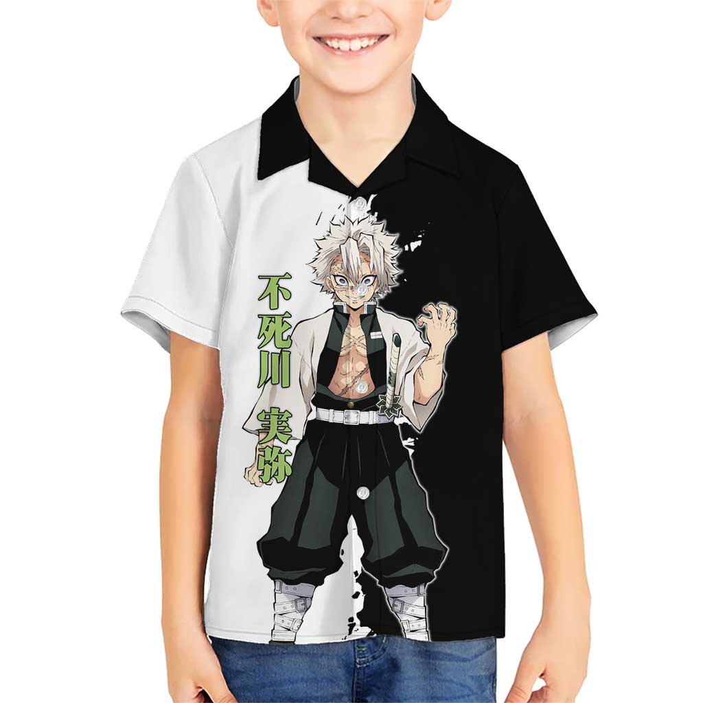 Sanemi Shinazugawa from Demon Slayer Kid Hawaiian Shirt with Black and White Split Background and Intense Battle-Ready Manga Style Design - The Mazicc