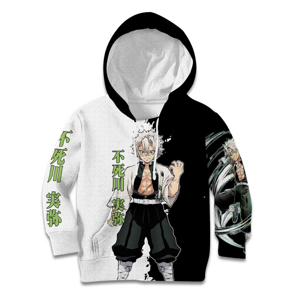 Sanemi Shinazugawa from Demon Slayer Kid Hoodie with Black and White Split Background and Intense Battle-Ready Manga Style Design - The Mazicc