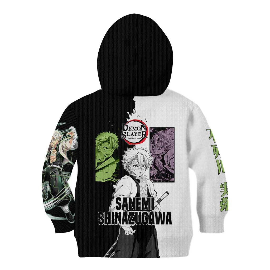 Sanemi Shinazugawa from Demon Slayer Kid Hoodie with Black and White Split Background and Intense Battle-Ready Manga Style Design - The Mazicc