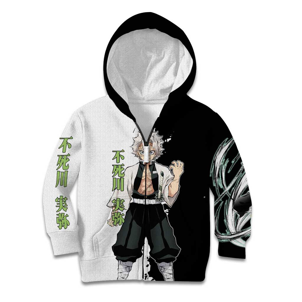 Sanemi Shinazugawa from Demon Slayer Kid Hoodie with Black and White Split Background and Intense Battle-Ready Manga Style Design - The Mazicc