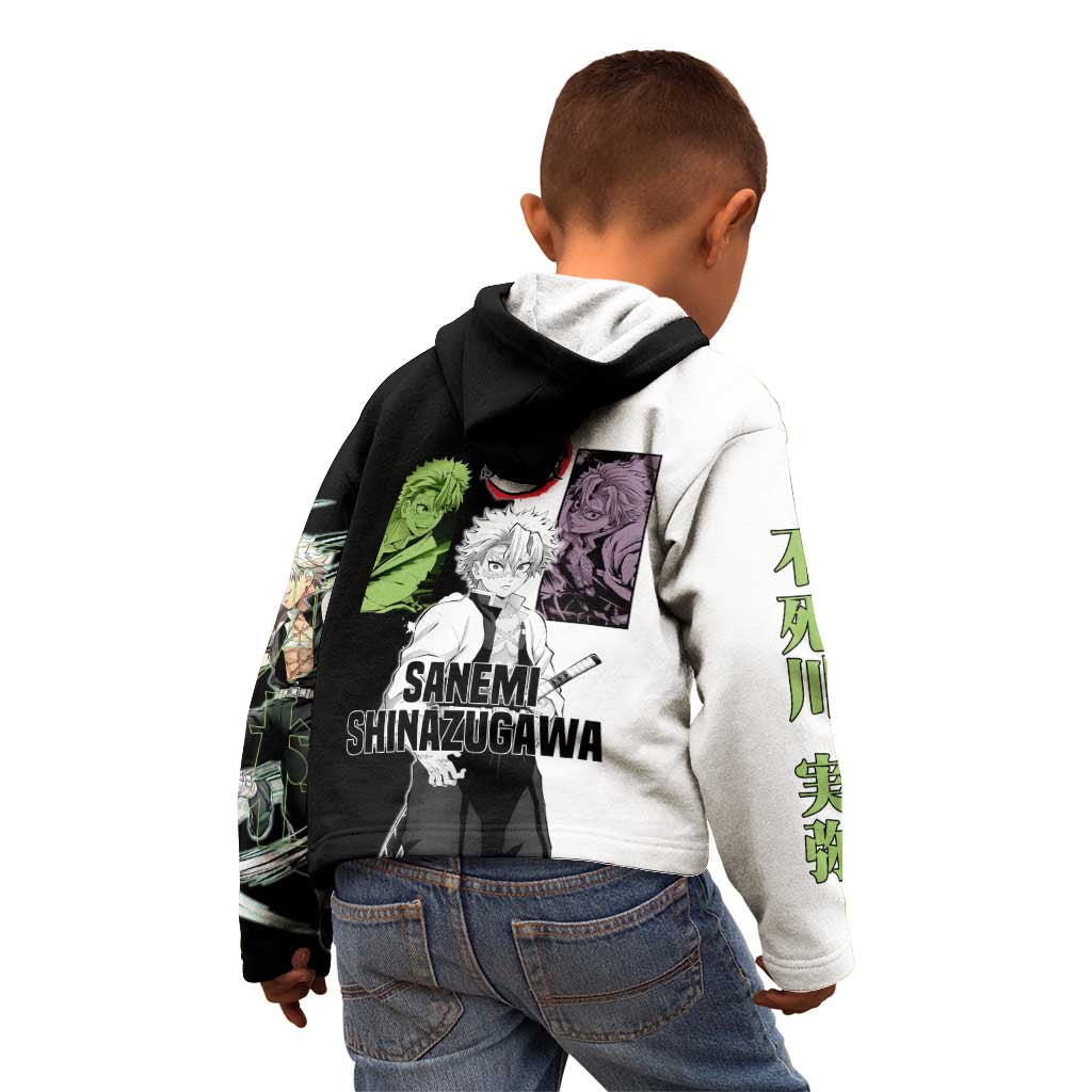 Sanemi Shinazugawa from Demon Slayer Kid Hoodie with Black and White Split Background and Intense Battle-Ready Manga Style Design - The Mazicc