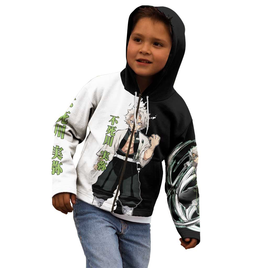 Sanemi Shinazugawa from Demon Slayer Kid Hoodie with Black and White Split Background and Intense Battle-Ready Manga Style Design - The Mazicc
