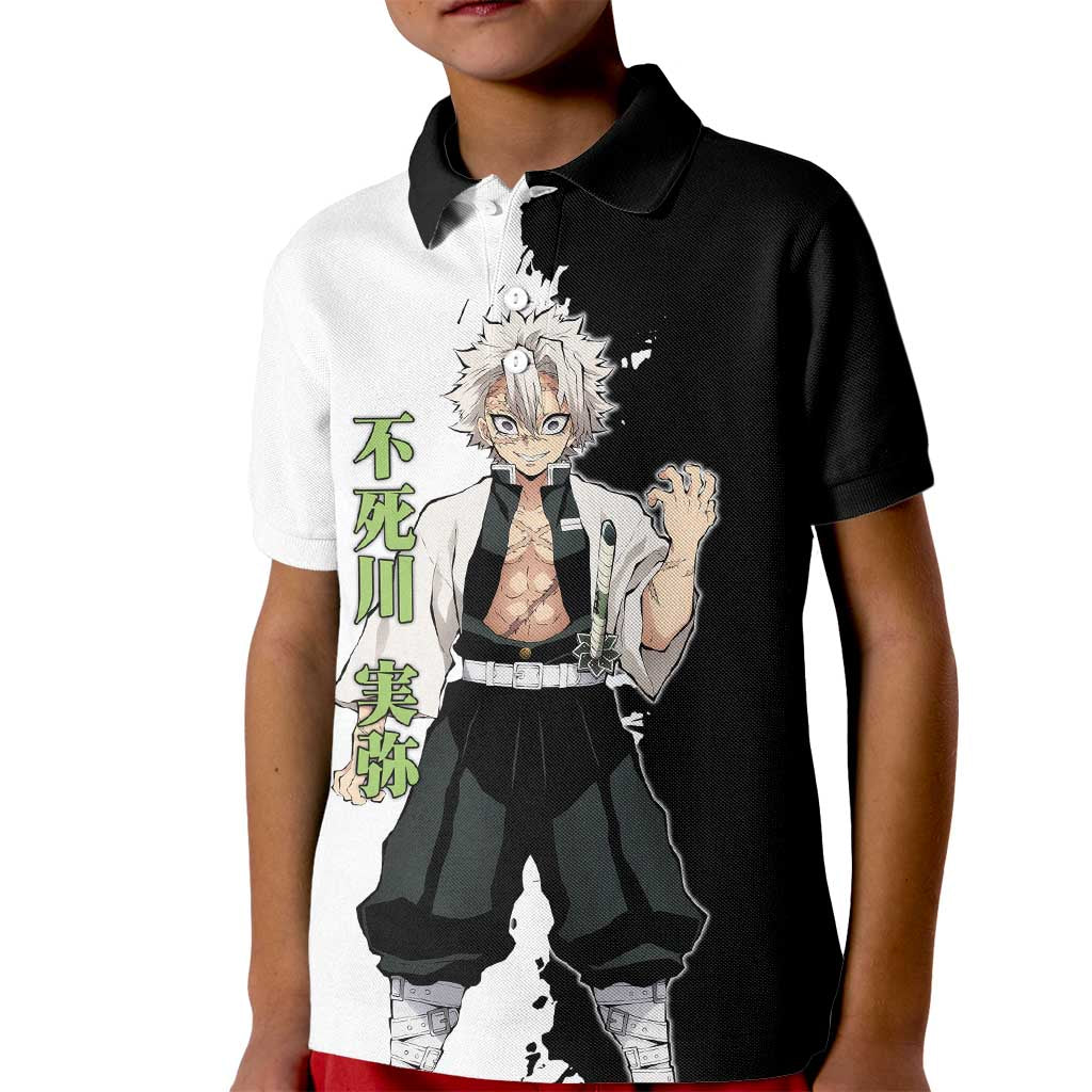 Sanemi Shinazugawa from Demon Slayer Kid Polo Shirt with Black and White Split Background and Intense Battle-Ready Manga Style Design - The Mazicc