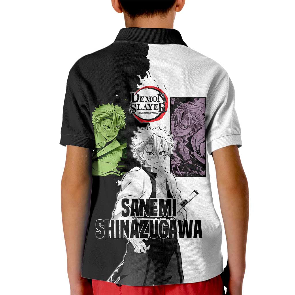 Sanemi Shinazugawa from Demon Slayer Kid Polo Shirt with Black and White Split Background and Intense Battle-Ready Manga Style Design - The Mazicc