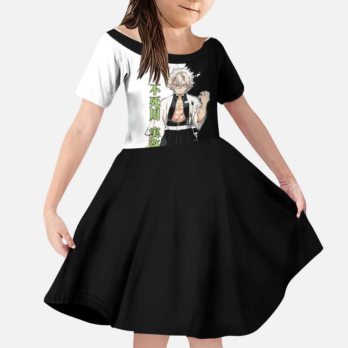Sanemi Shinazugawa from Demon Slayer Kid Short Sleeve Dress with Black and White Split Background and Intense Battle-Ready Manga Style Design - The Mazicc