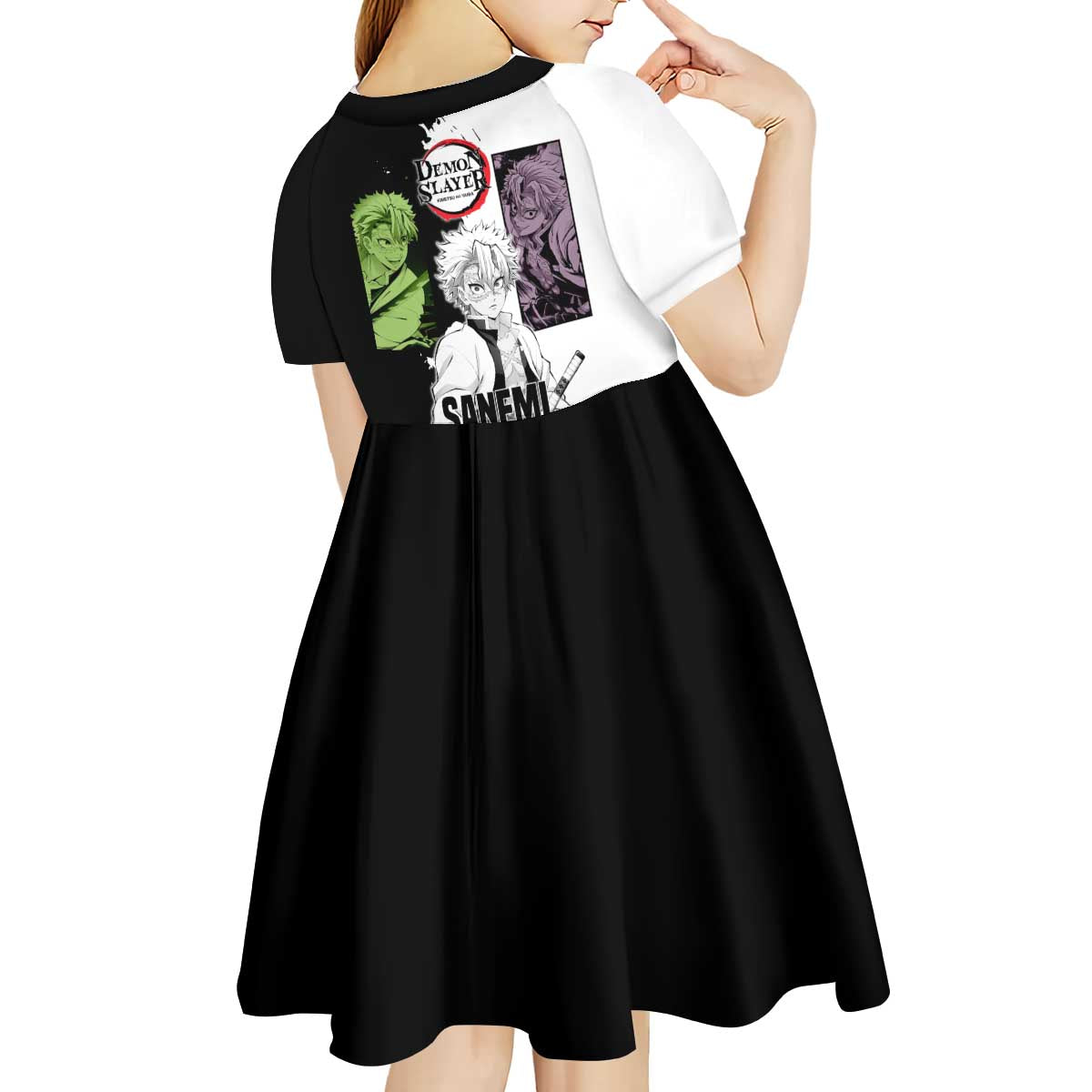 Sanemi Shinazugawa from Demon Slayer Kid Short Sleeve Dress with Black and White Split Background and Intense Battle-Ready Manga Style Design - The Mazicc