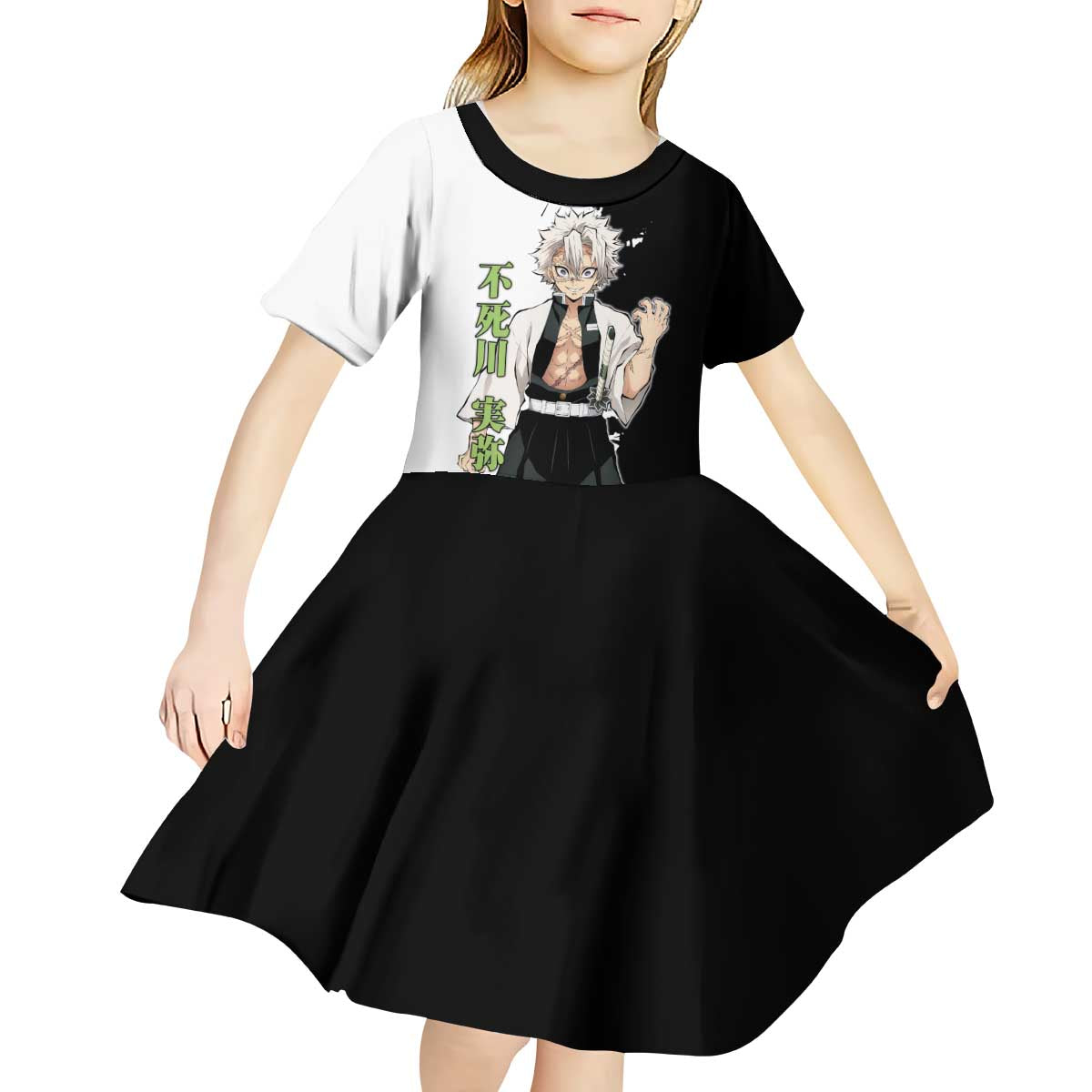 Sanemi Shinazugawa from Demon Slayer Kid Short Sleeve Dress with Black and White Split Background and Intense Battle-Ready Manga Style Design - The Mazicc