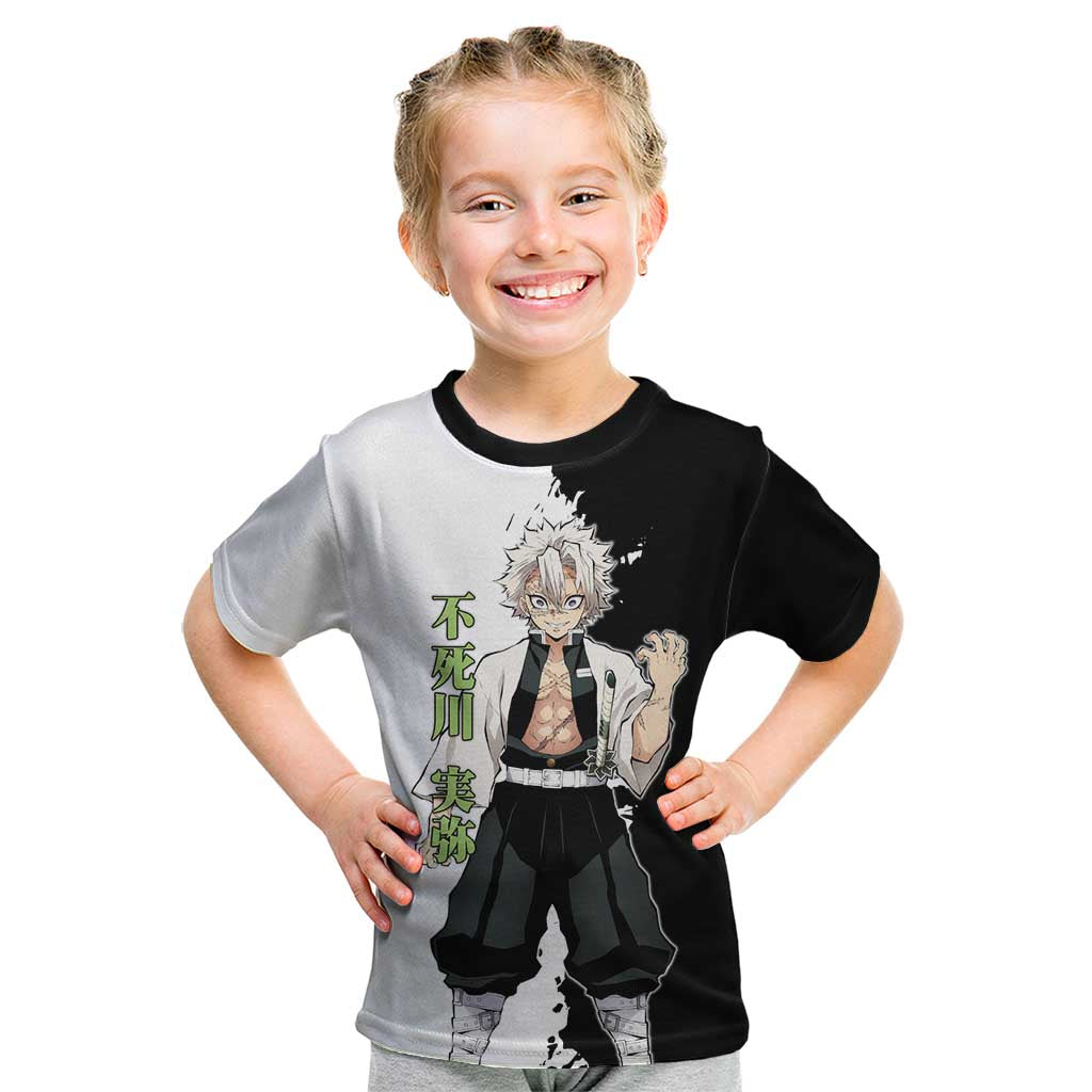 Sanemi Shinazugawa from Demon Slayer Kid T Shirt with Black and White Split Background and Intense Battle-Ready Manga Style Design - The Mazicc