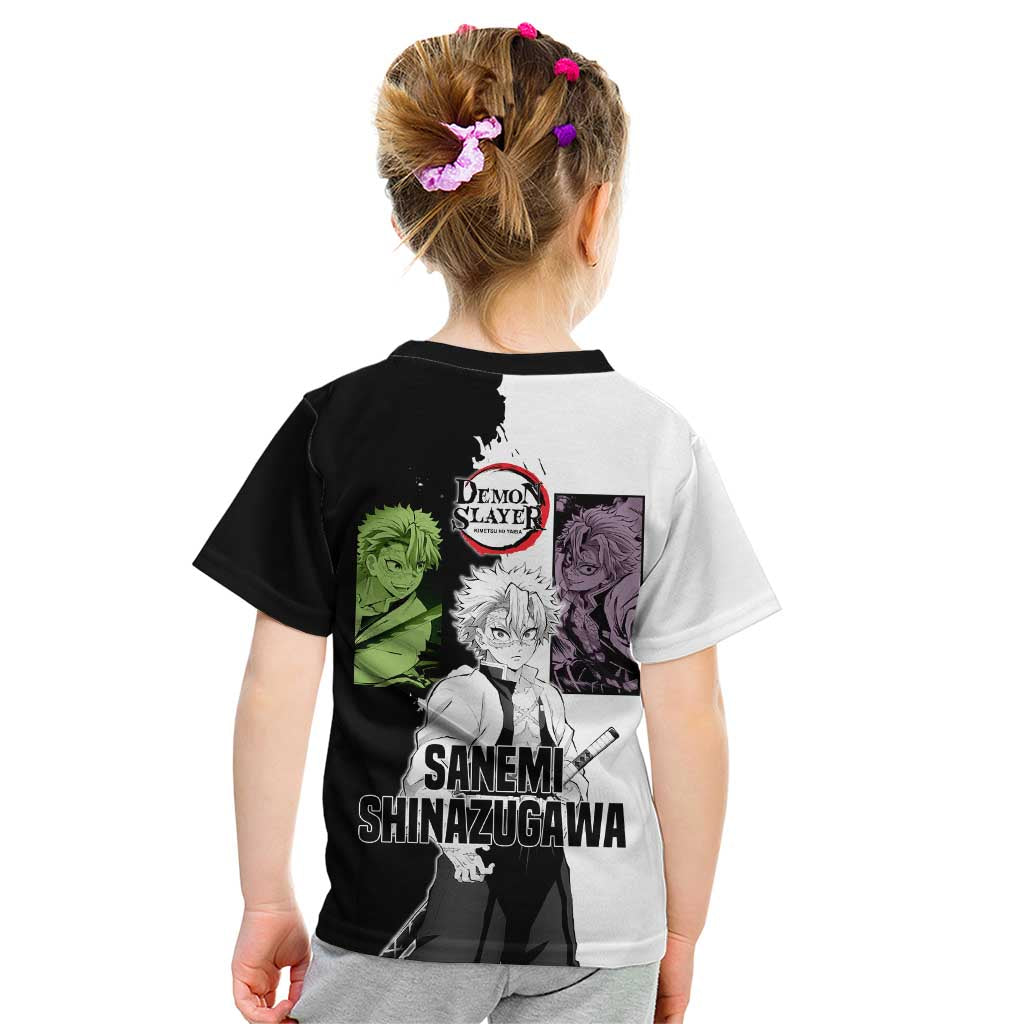 Sanemi Shinazugawa from Demon Slayer Kid T Shirt with Black and White Split Background and Intense Battle-Ready Manga Style Design - The Mazicc