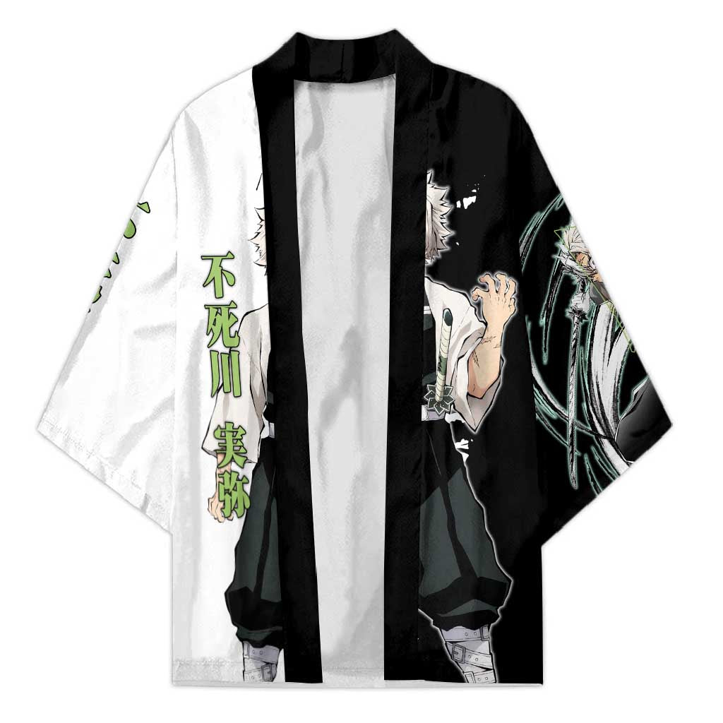 Sanemi Shinazugawa from Demon Slayer Kimono with Black and White Split Background and Intense Battle-Ready Manga Style Design - The Mazicc
