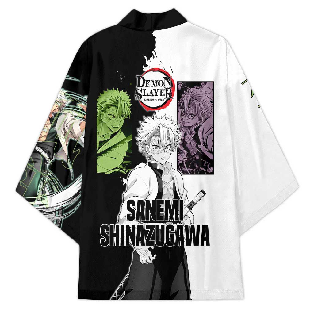 Sanemi Shinazugawa from Demon Slayer Kimono with Black and White Split Background and Intense Battle-Ready Manga Style Design - The Mazicc