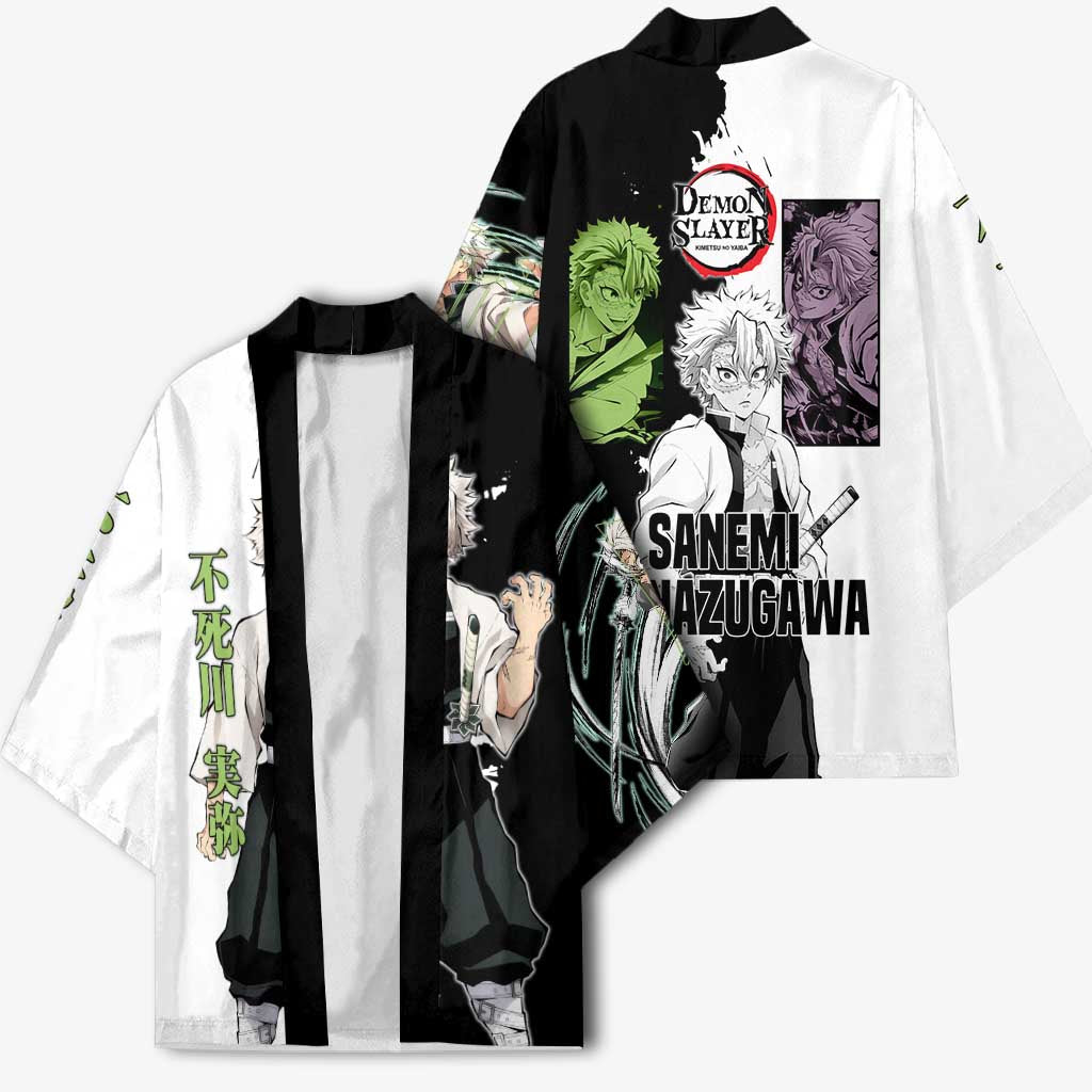 Sanemi Shinazugawa from Demon Slayer Kimono with Black and White Split Background and Intense Battle-Ready Manga Style Design - The Mazicc