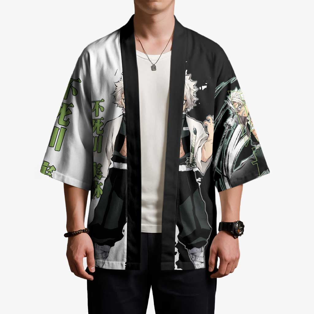 Sanemi Shinazugawa from Demon Slayer Kimono with Black and White Split Background and Intense Battle-Ready Manga Style Design - The Mazicc
