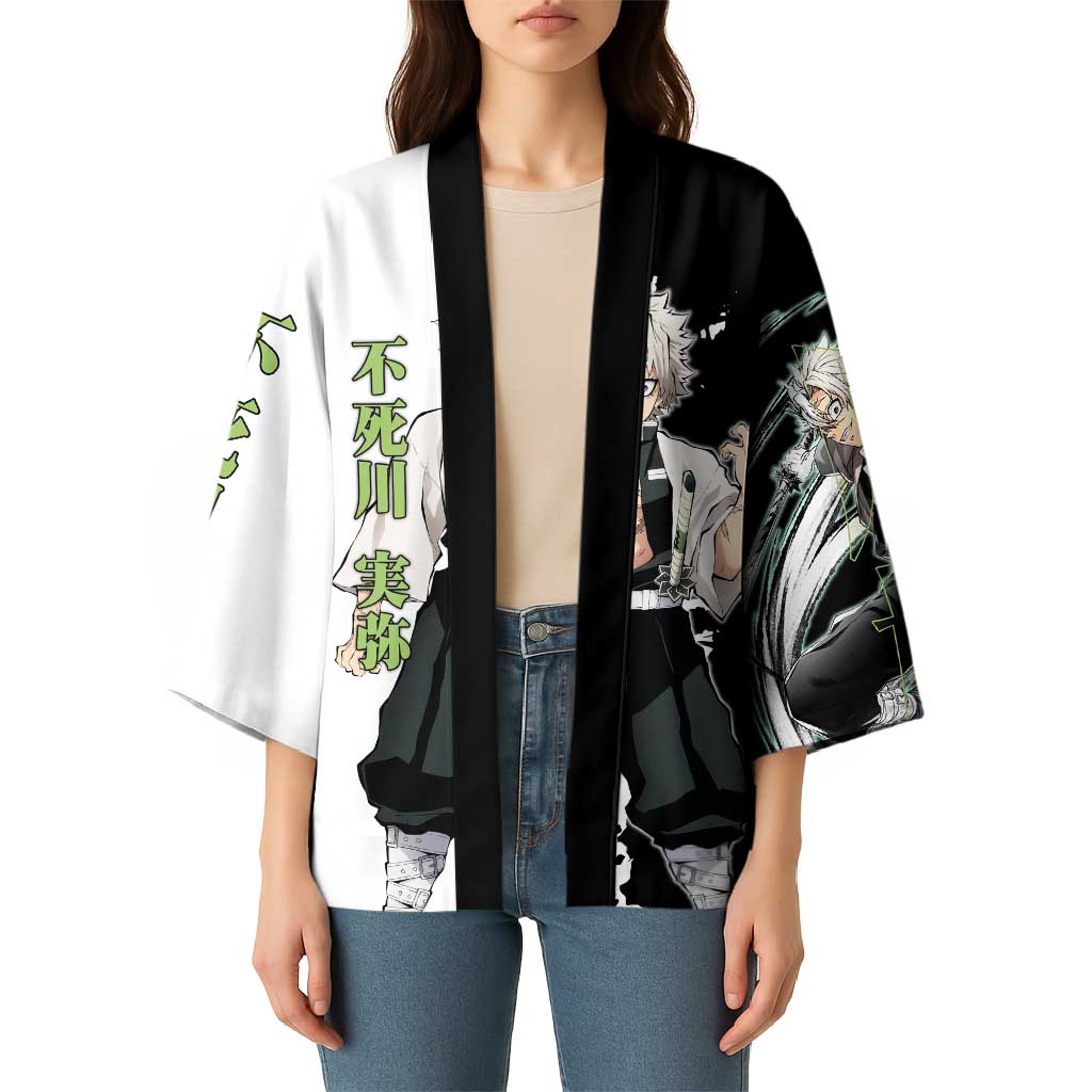 Sanemi Shinazugawa from Demon Slayer Kimono with Black and White Split Background and Intense Battle-Ready Manga Style Design - The Mazicc
