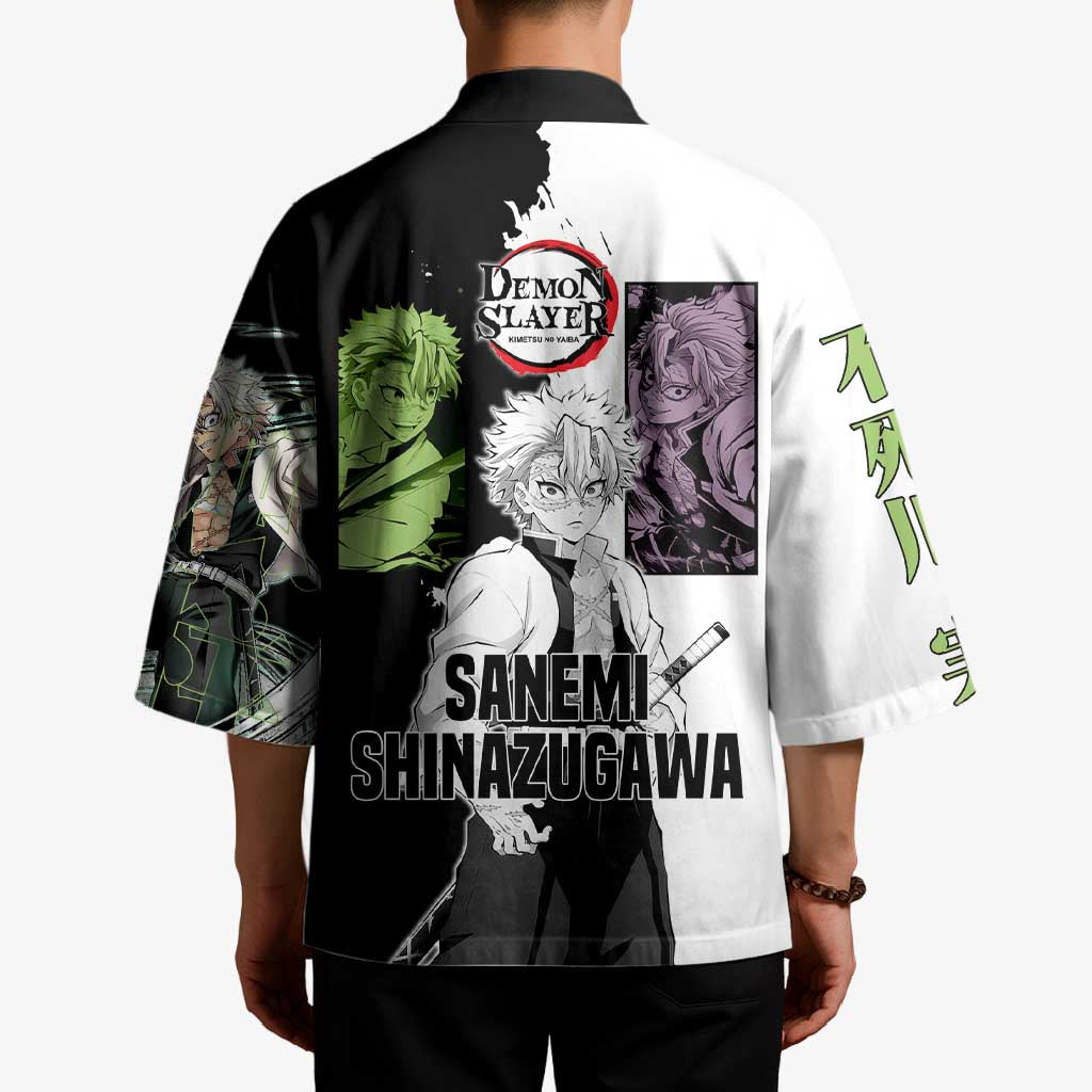 Sanemi Shinazugawa from Demon Slayer Kimono with Black and White Split Background and Intense Battle-Ready Manga Style Design - The Mazicc