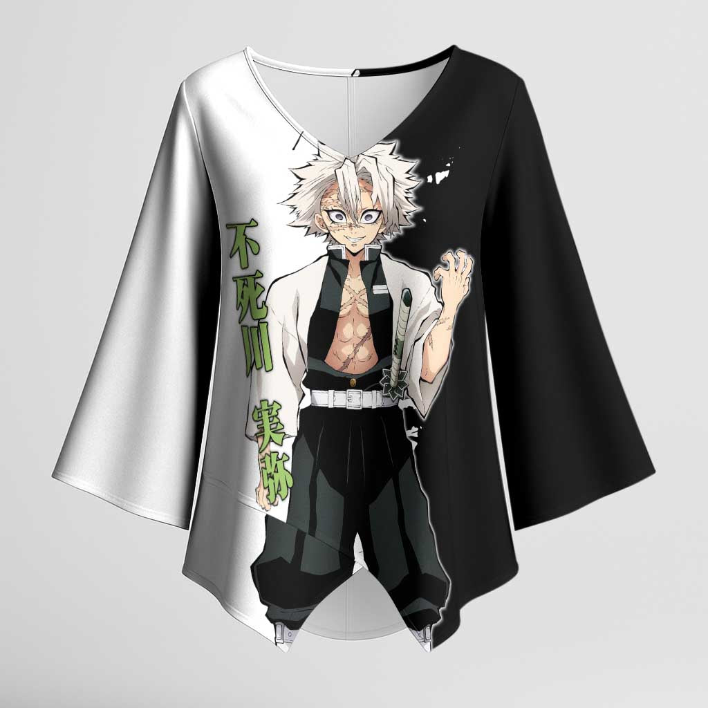 Sanemi Shinazugawa from Demon Slayer Kimono Sleeve Blouse with Black and White Split Background and Intense Battle-Ready Manga Style Design - The Mazicc
