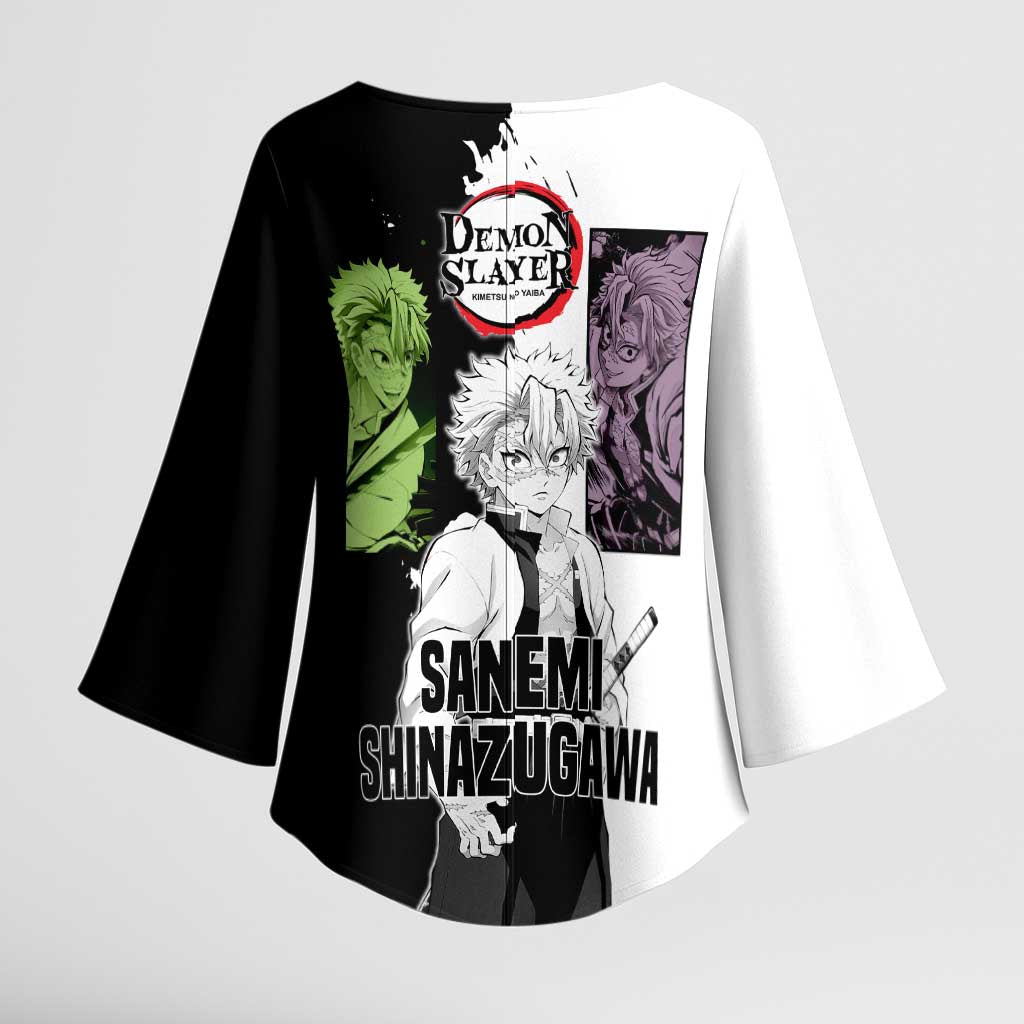 Sanemi Shinazugawa from Demon Slayer Kimono Sleeve Blouse with Black and White Split Background and Intense Battle-Ready Manga Style Design - The Mazicc