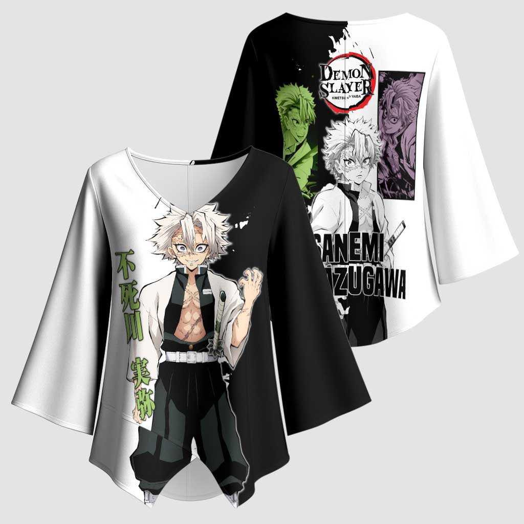 Sanemi Shinazugawa from Demon Slayer Kimono Sleeve Blouse with Black and White Split Background and Intense Battle-Ready Manga Style Design - The Mazicc