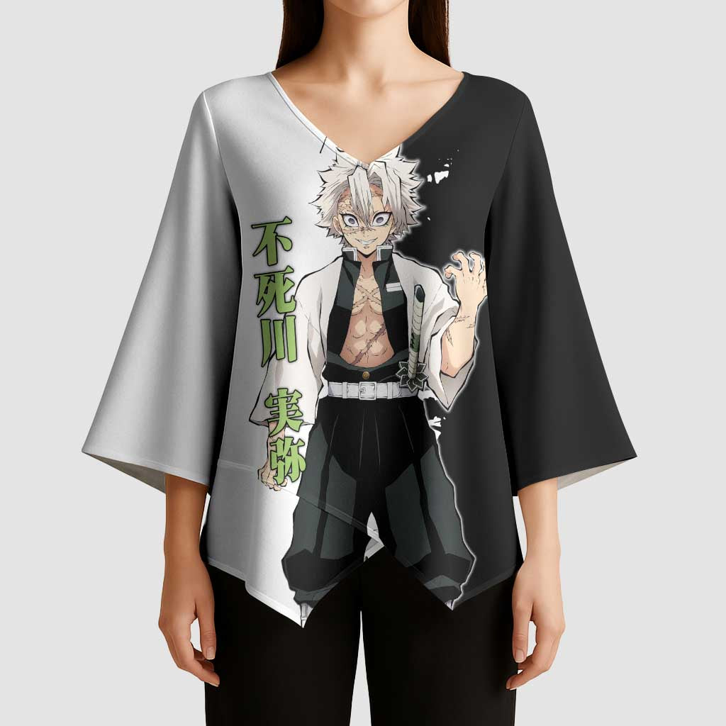 Sanemi Shinazugawa from Demon Slayer Kimono Sleeve Blouse with Black and White Split Background and Intense Battle-Ready Manga Style Design - The Mazicc
