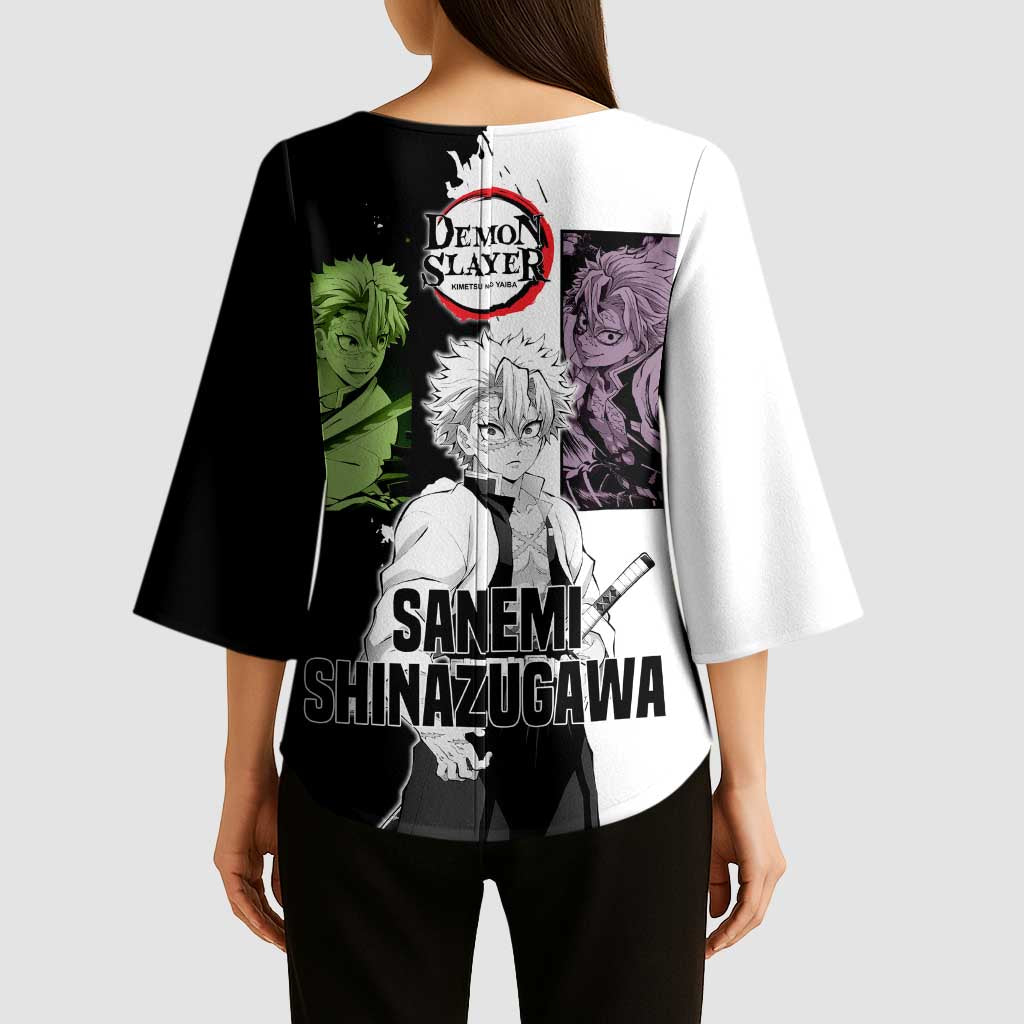 Sanemi Shinazugawa from Demon Slayer Kimono Sleeve Blouse with Black and White Split Background and Intense Battle-Ready Manga Style Design - The Mazicc