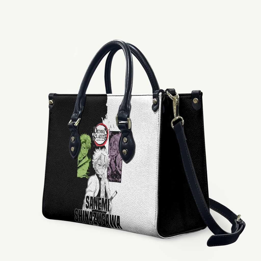 Sanemi Shinazugawa from Demon Slayer Leather Bag with Black and White Split Background and Intense Battle-Ready Manga Style Design - The Mazicc