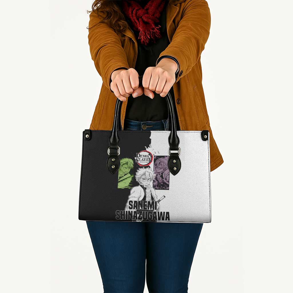 Sanemi Shinazugawa from Demon Slayer Leather Bag with Black and White Split Background and Intense Battle-Ready Manga Style Design - The Mazicc
