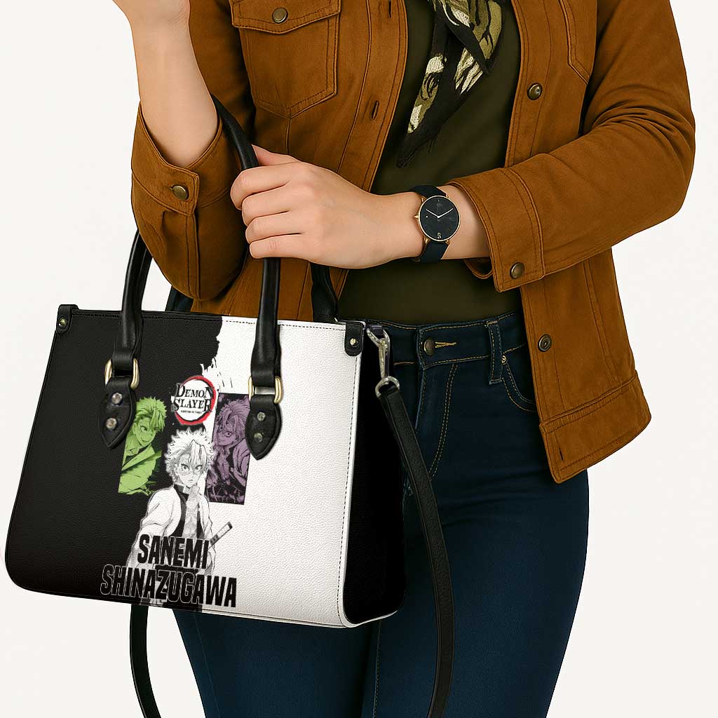 Sanemi Shinazugawa from Demon Slayer Leather Bag with Black and White Split Background and Intense Battle-Ready Manga Style Design - The Mazicc