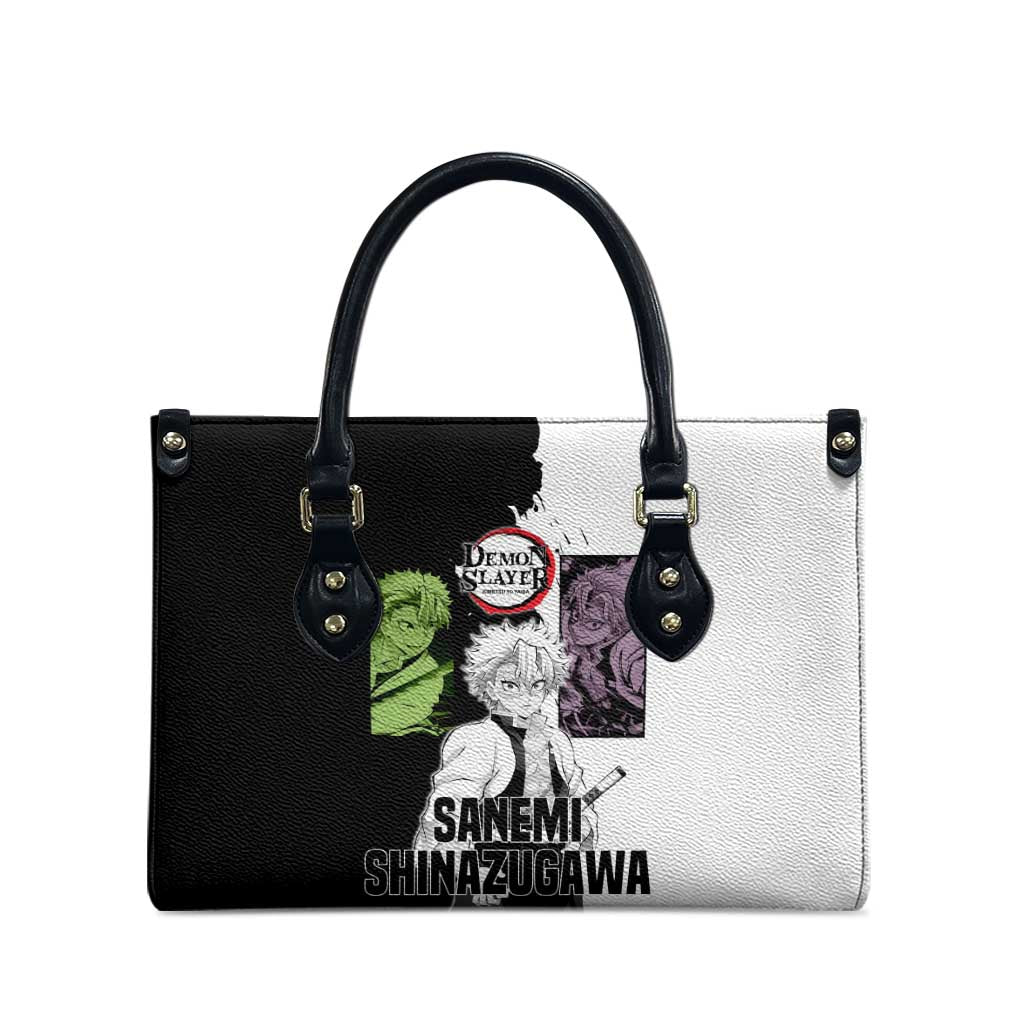 Sanemi Shinazugawa from Demon Slayer Leather Bag with Black and White Split Background and Intense Battle-Ready Manga Style Design - The Mazicc