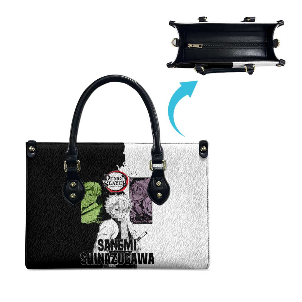Sanemi Shinazugawa from Demon Slayer Leather Bag with Black and White Split Background and Intense Battle-Ready Manga Style Design - The Mazicc