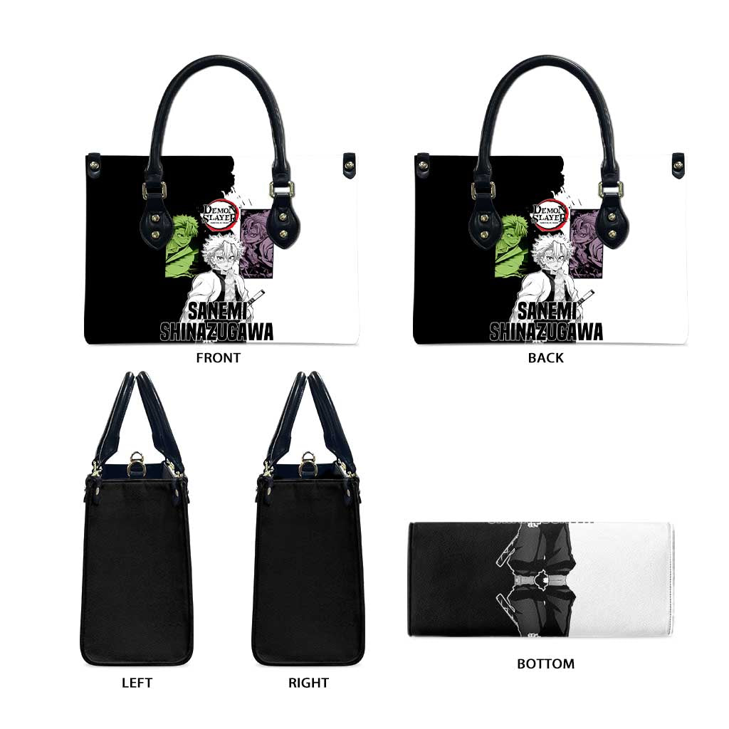 Sanemi Shinazugawa from Demon Slayer Leather Bag with Black and White Split Background and Intense Battle-Ready Manga Style Design - The Mazicc