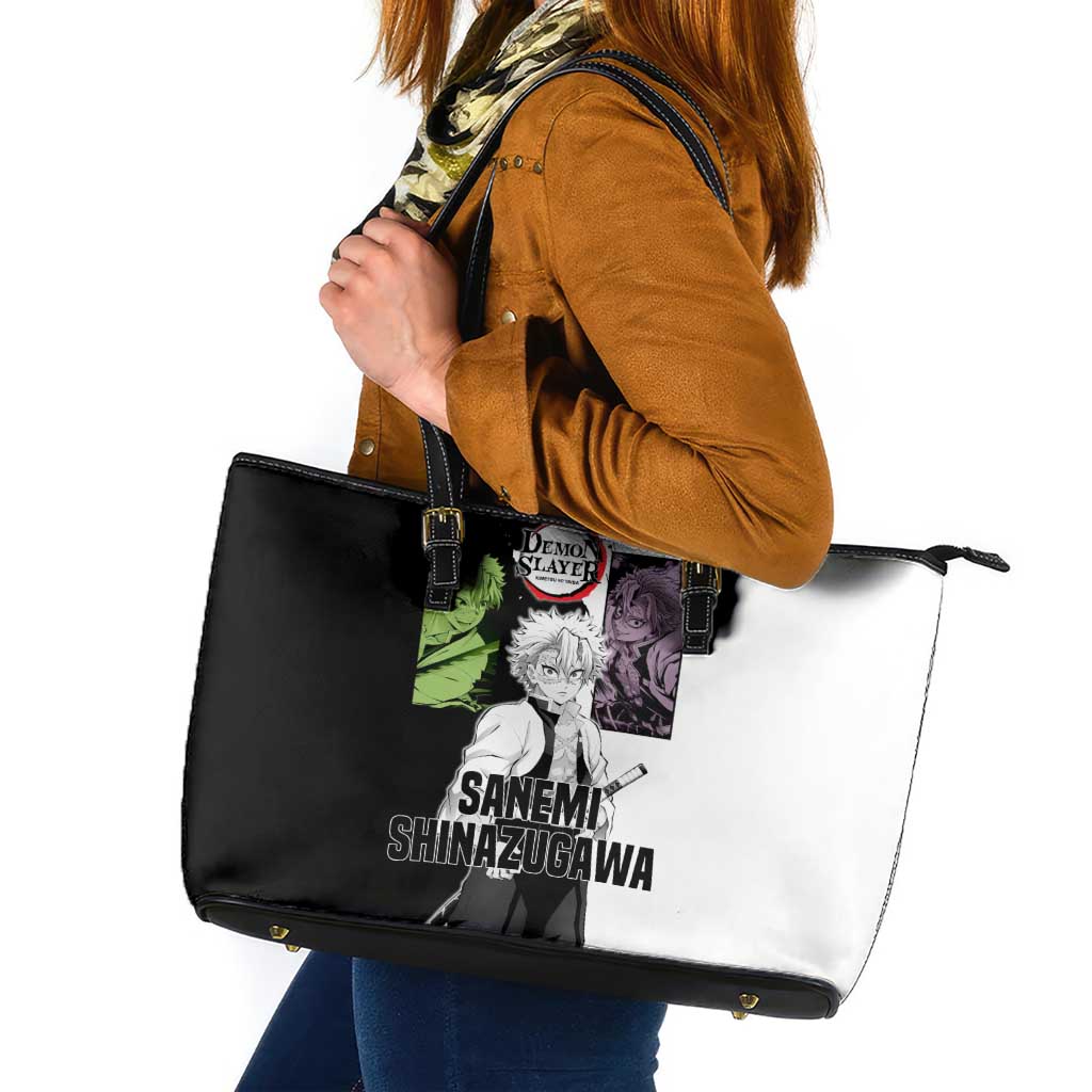 Sanemi Shinazugawa from Demon Slayer Leather Tote Bag with Black and White Split Background and Intense Battle-Ready Manga Style Design - The Mazicc