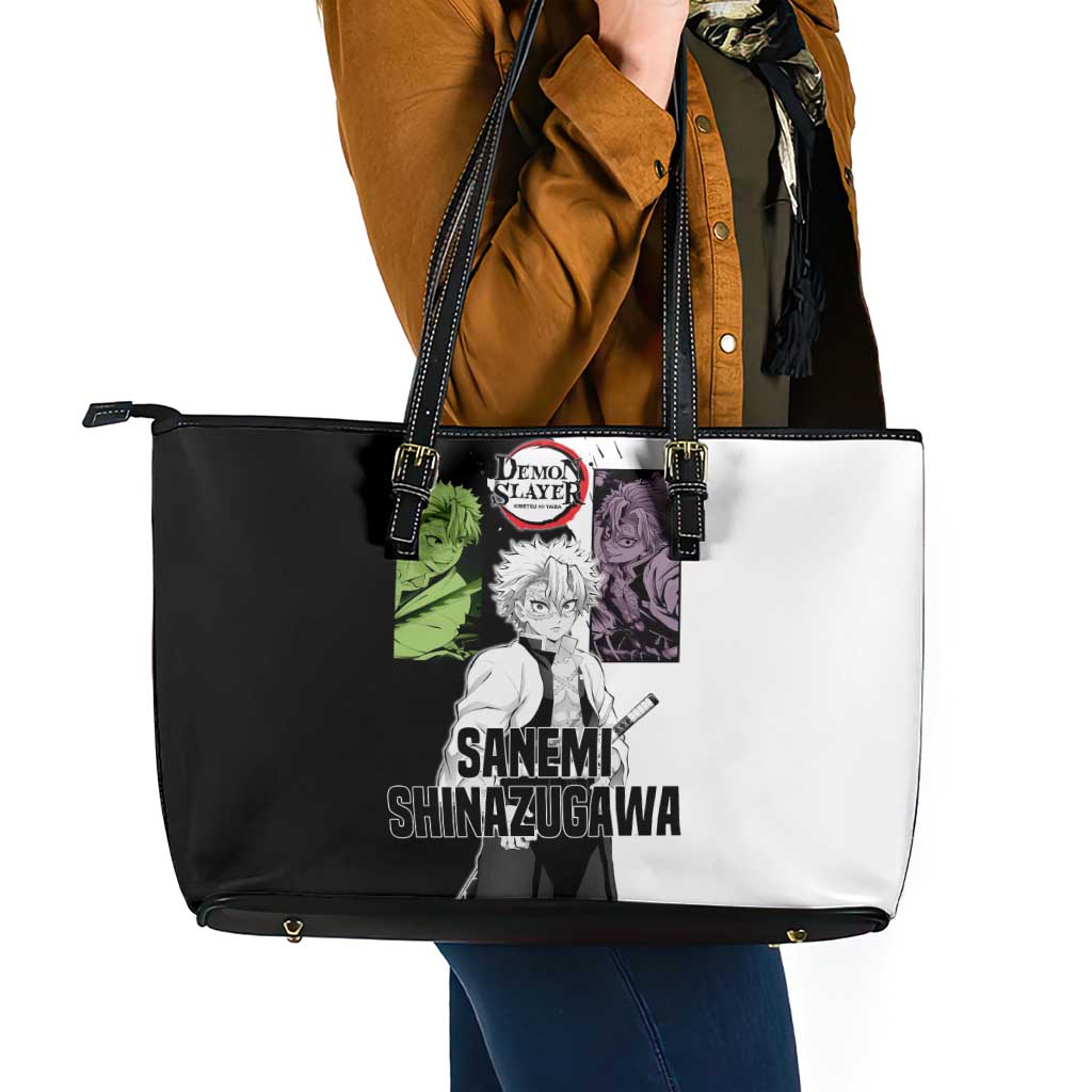 Sanemi Shinazugawa from Demon Slayer Leather Tote Bag with Black and White Split Background and Intense Battle-Ready Manga Style Design - The Mazicc