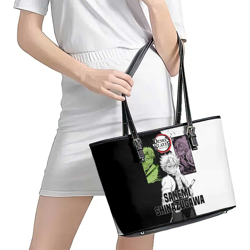 Sanemi Shinazugawa from Demon Slayer Leather Tote Bag with Black and White Split Background and Intense Battle-Ready Manga Style Design - The Mazicc