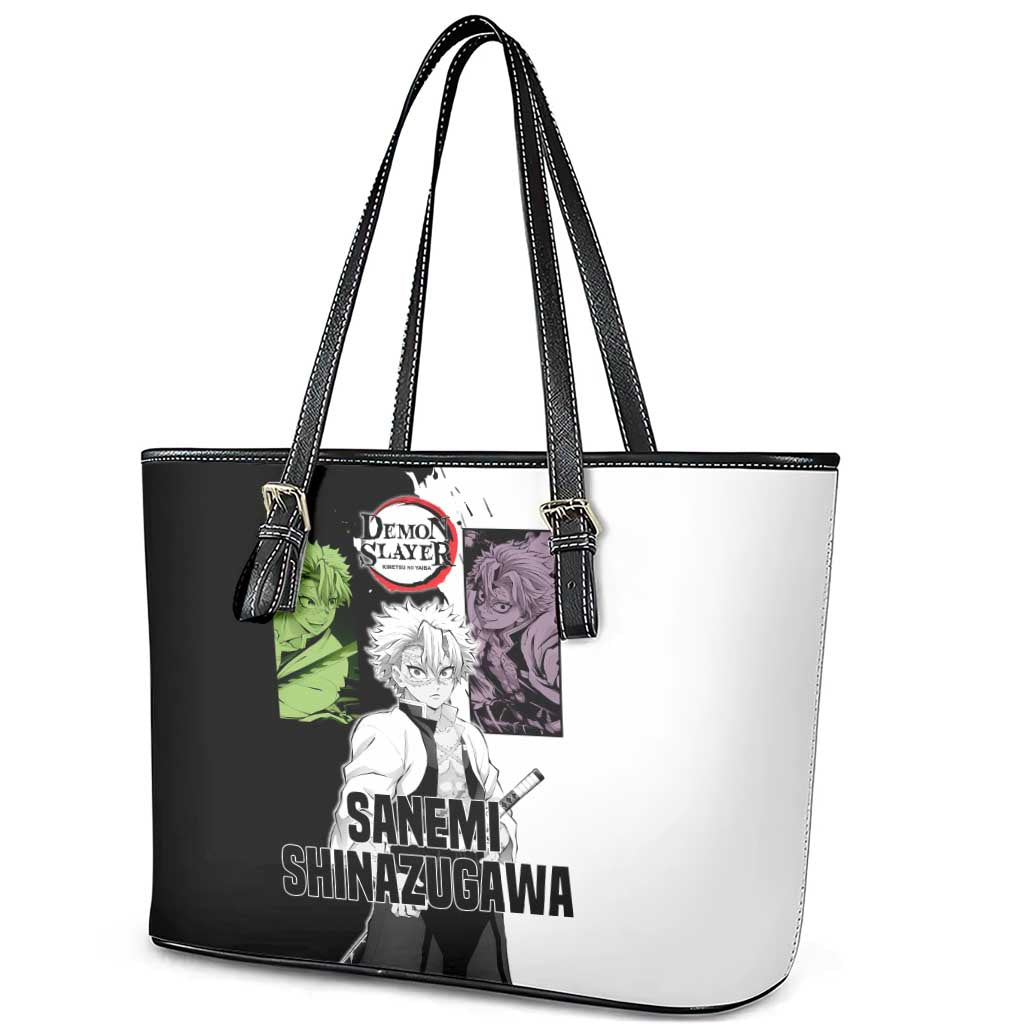 Sanemi Shinazugawa from Demon Slayer Leather Tote Bag with Black and White Split Background and Intense Battle-Ready Manga Style Design - The Mazicc