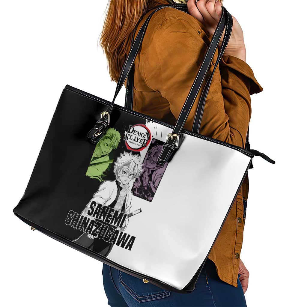 Sanemi Shinazugawa from Demon Slayer Leather Tote Bag with Black and White Split Background and Intense Battle-Ready Manga Style Design - The Mazicc