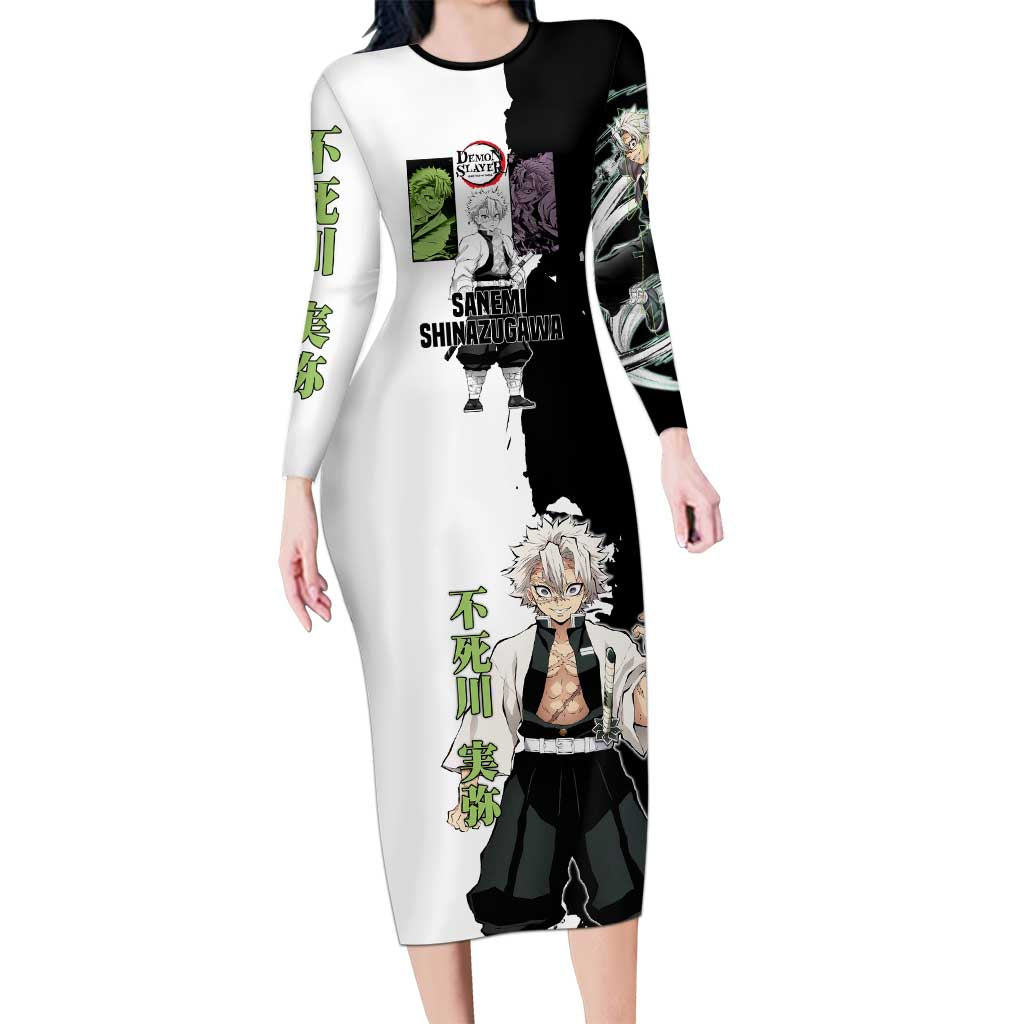 Sanemi Shinazugawa from Demon Slayer Long Sleeve Bodycon Dress with Black and White Split Background and Intense Battle-Ready Manga Style Design - The Mazicc