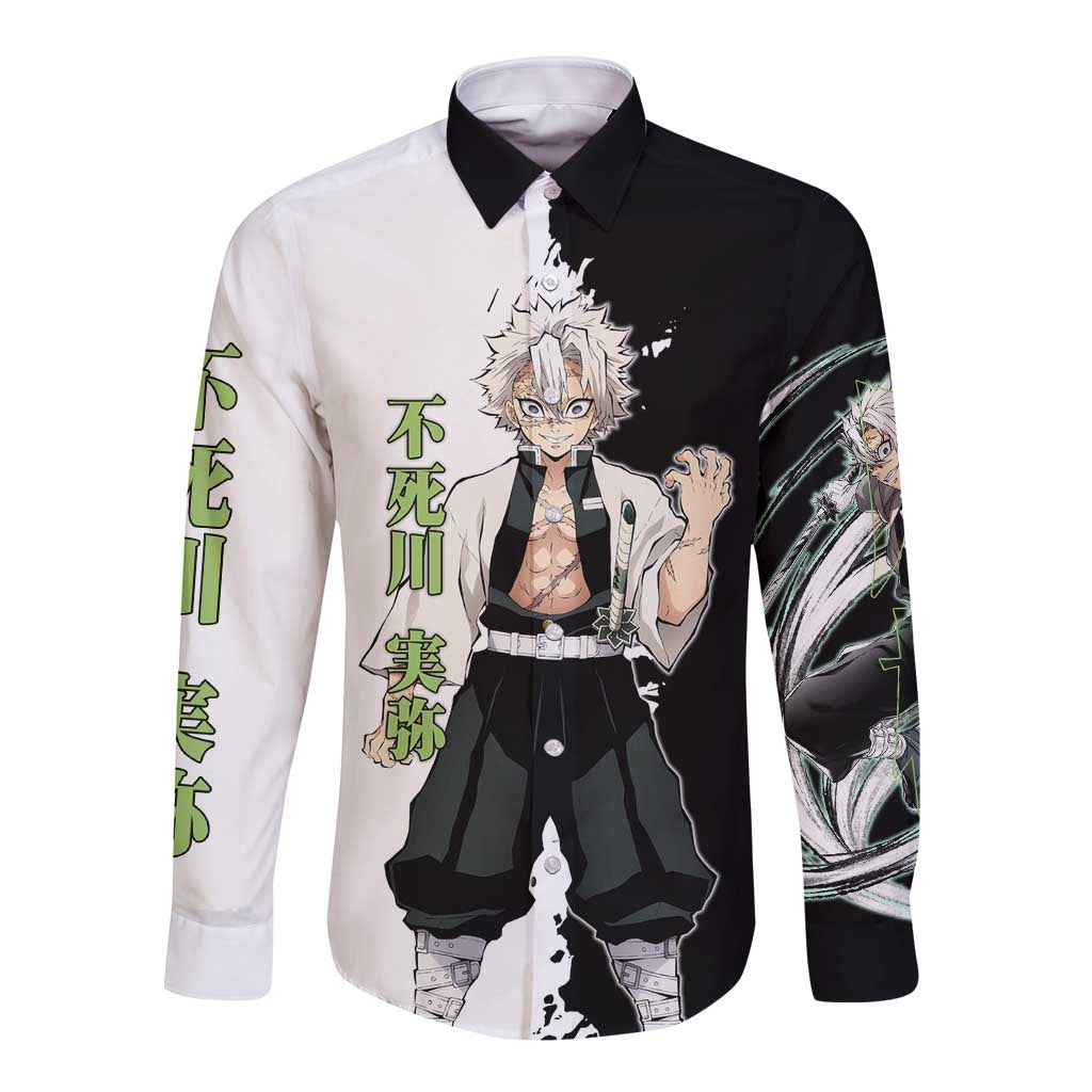 Sanemi Shinazugawa from Demon Slayer Long Sleeve Button Shirt with Black and White Split Background and Intense Battle-Ready Manga Style Design - The Mazicc