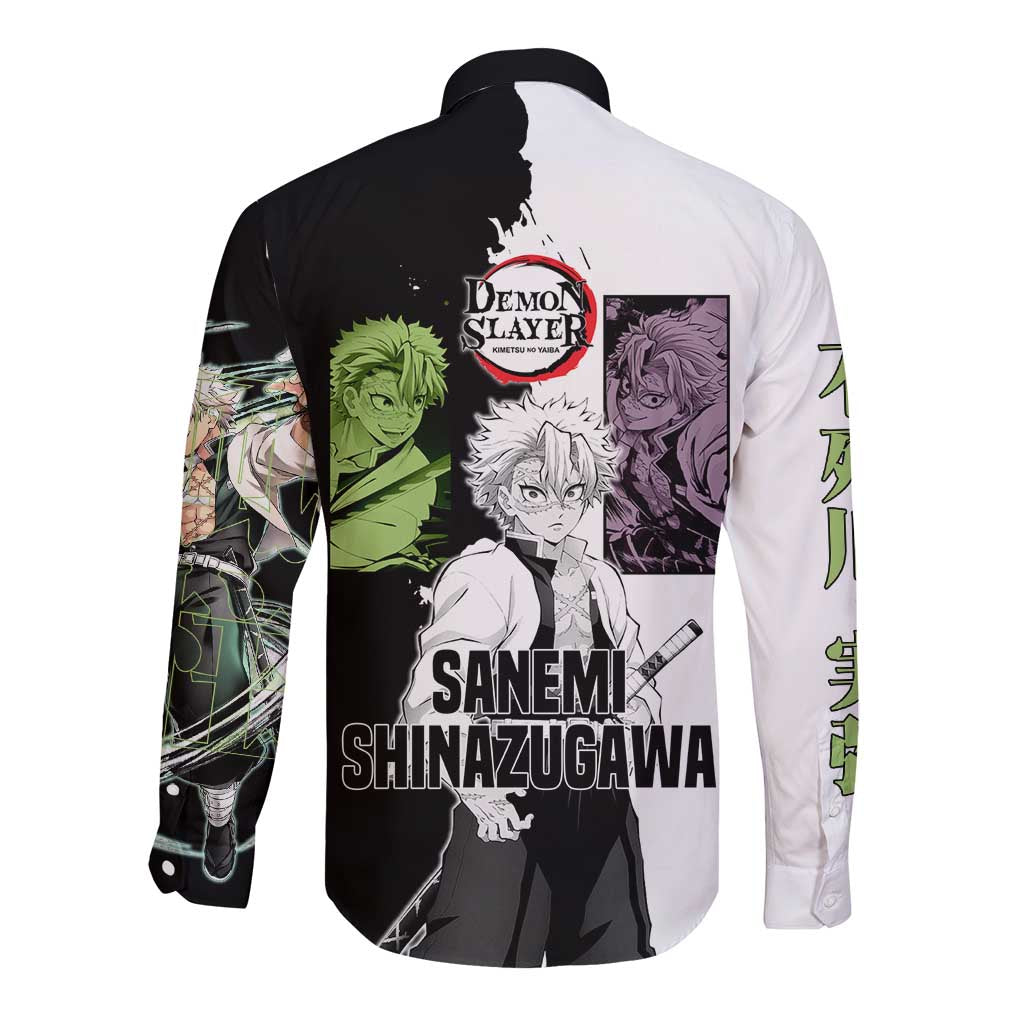 Sanemi Shinazugawa from Demon Slayer Long Sleeve Button Shirt with Black and White Split Background and Intense Battle-Ready Manga Style Design - The Mazicc