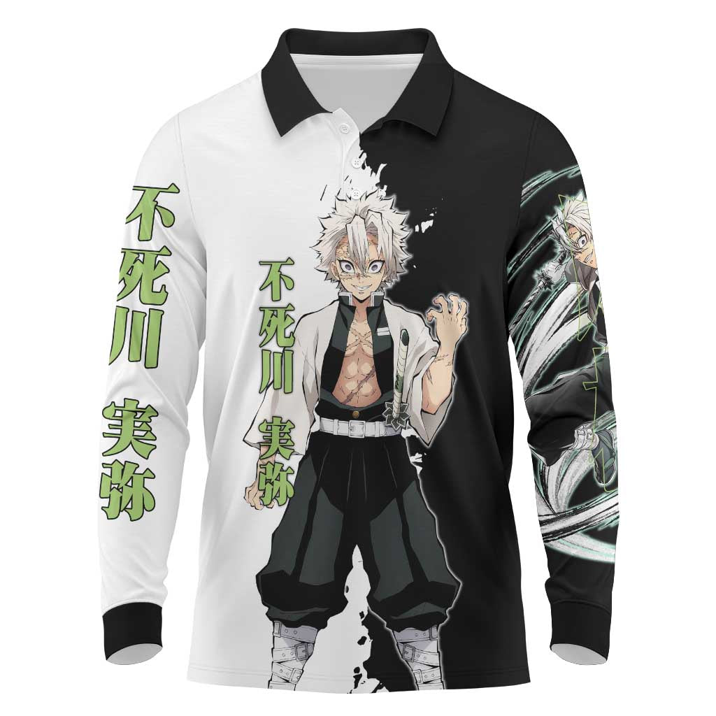 Sanemi Shinazugawa from Demon Slayer Long Sleeve Polo Shirt with Black and White Split Background and Intense Battle-Ready Manga Style Design - The Mazicc