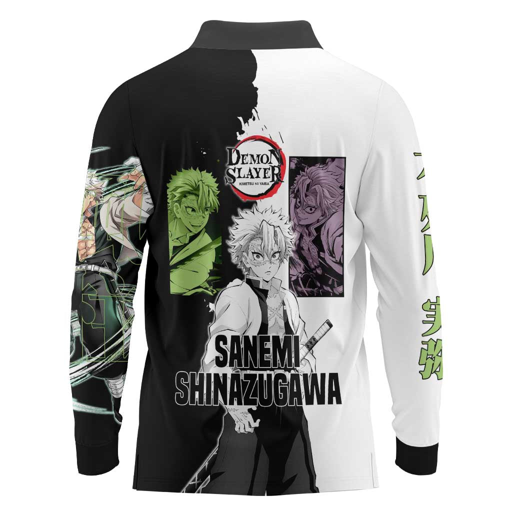 Sanemi Shinazugawa from Demon Slayer Long Sleeve Polo Shirt with Black and White Split Background and Intense Battle-Ready Manga Style Design - The Mazicc