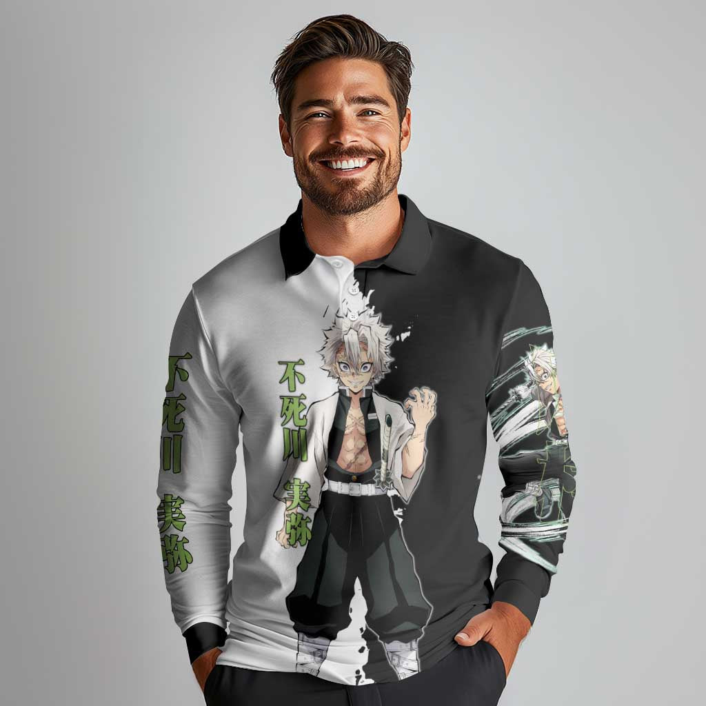 Sanemi Shinazugawa from Demon Slayer Long Sleeve Polo Shirt with Black and White Split Background and Intense Battle-Ready Manga Style Design - The Mazicc
