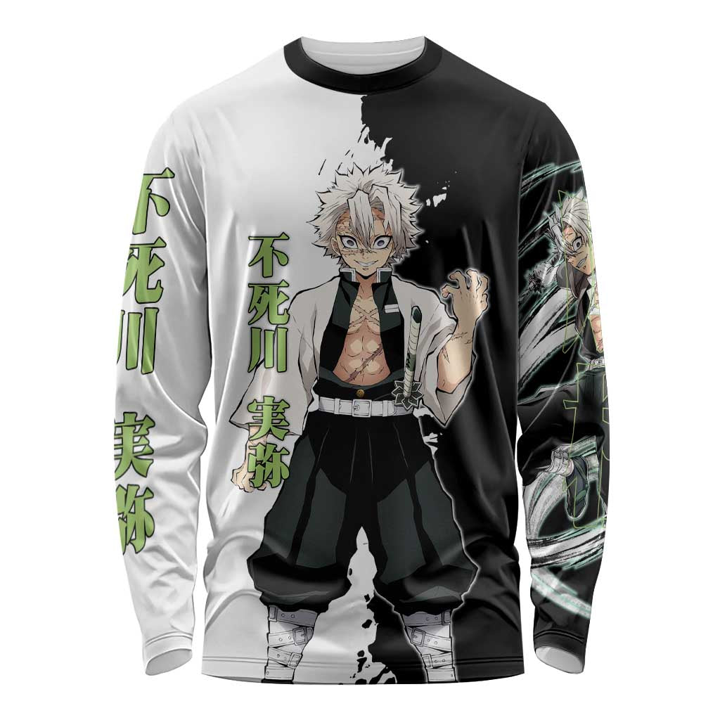 Sanemi Shinazugawa from Demon Slayer Long Sleeve Shirt with Black and White Split Background and Intense Battle-Ready Manga Style Design - The Mazicc