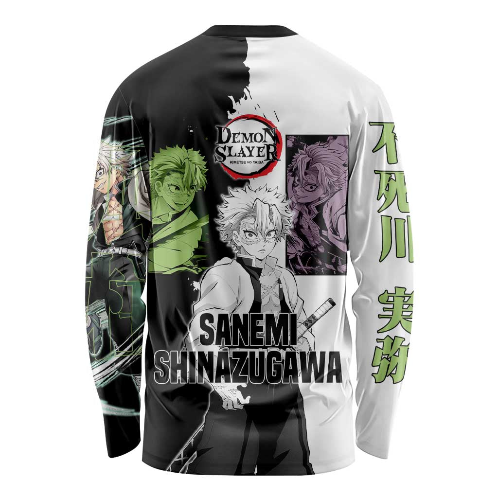 Sanemi Shinazugawa from Demon Slayer Long Sleeve Shirt with Black and White Split Background and Intense Battle-Ready Manga Style Design - The Mazicc