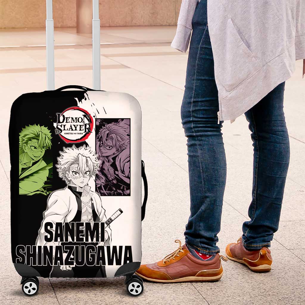 Sanemi Shinazugawa from Demon Slayer Luggage Cover with Black and White Split Background and Intense Battle-Ready Manga Style Design - The Mazicc