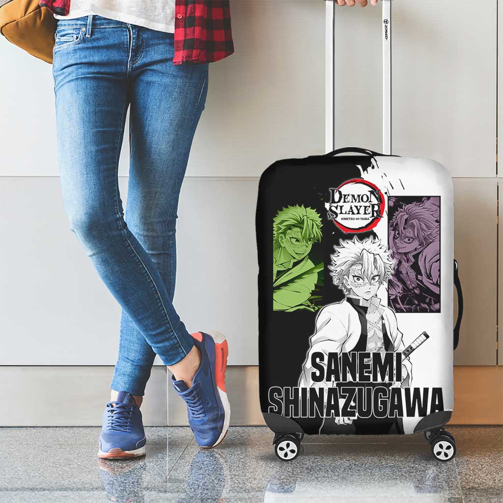 Sanemi Shinazugawa from Demon Slayer Luggage Cover with Black and White Split Background and Intense Battle-Ready Manga Style Design - The Mazicc