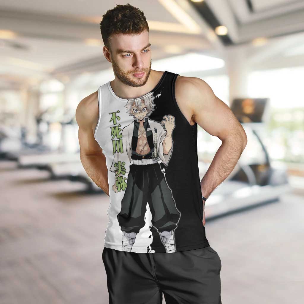 Sanemi Shinazugawa from Demon Slayer Men Tank Top with Black and White Split Background and Intense Battle-Ready Manga Style Design - The Mazicc