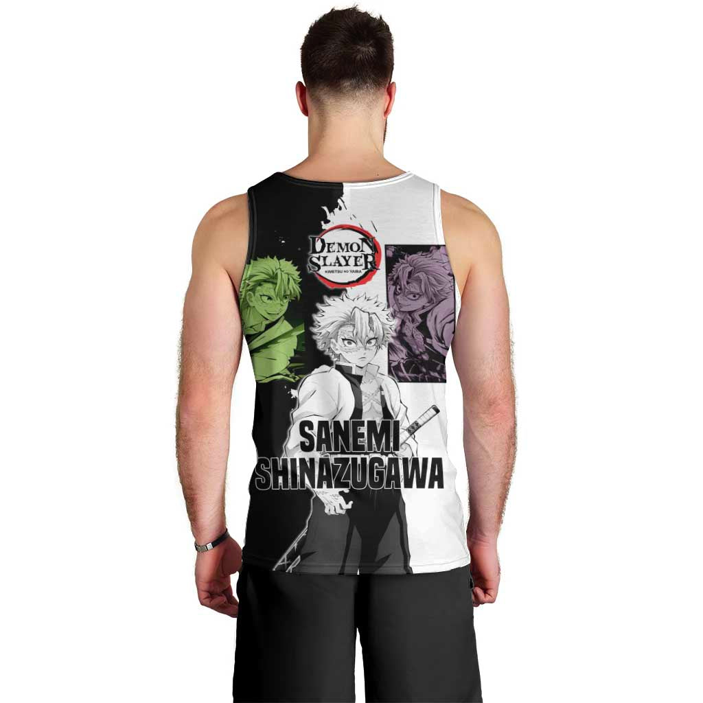 Sanemi Shinazugawa from Demon Slayer Men Tank Top with Black and White Split Background and Intense Battle-Ready Manga Style Design - The Mazicc