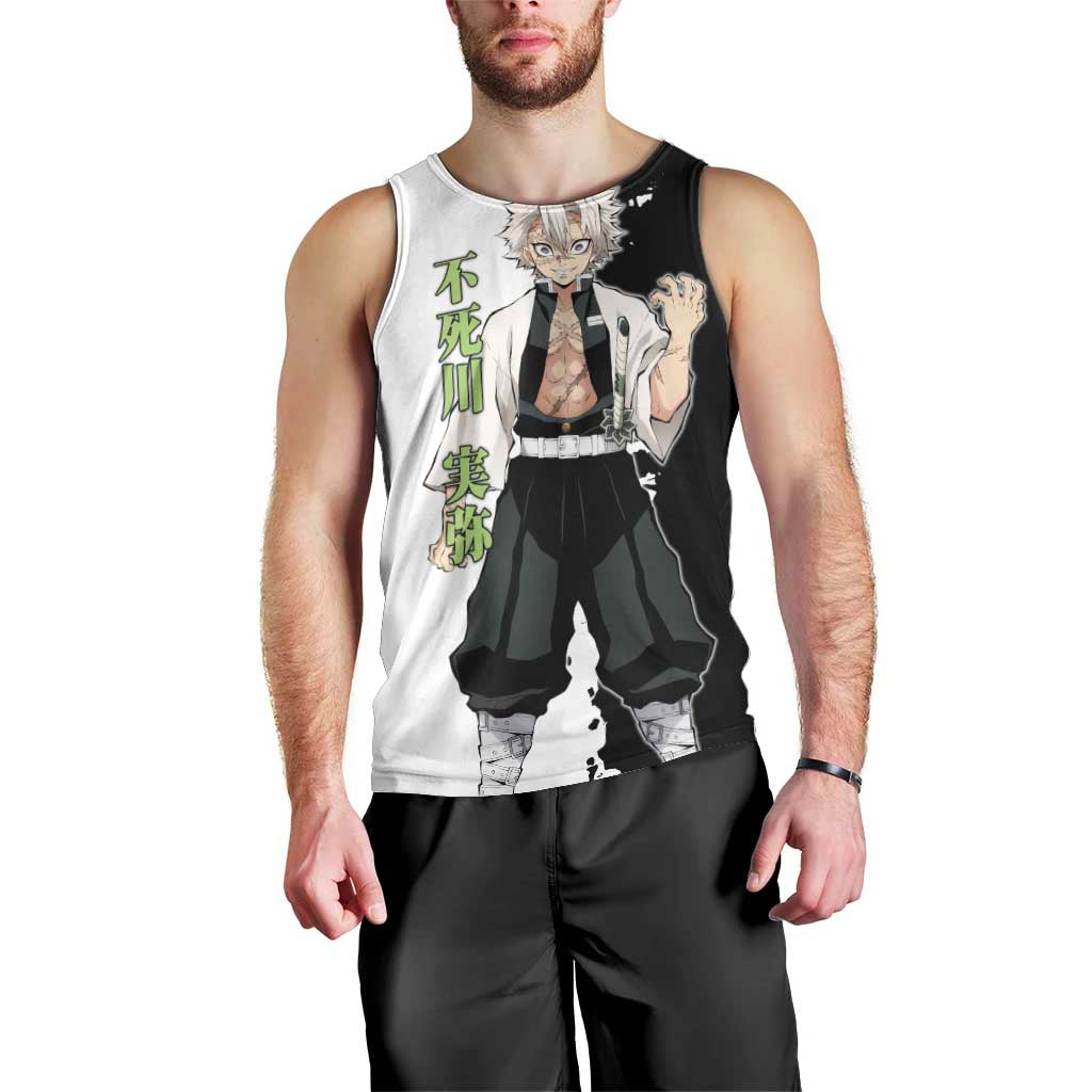 Sanemi Shinazugawa from Demon Slayer Men Tank Top with Black and White Split Background and Intense Battle-Ready Manga Style Design - The Mazicc