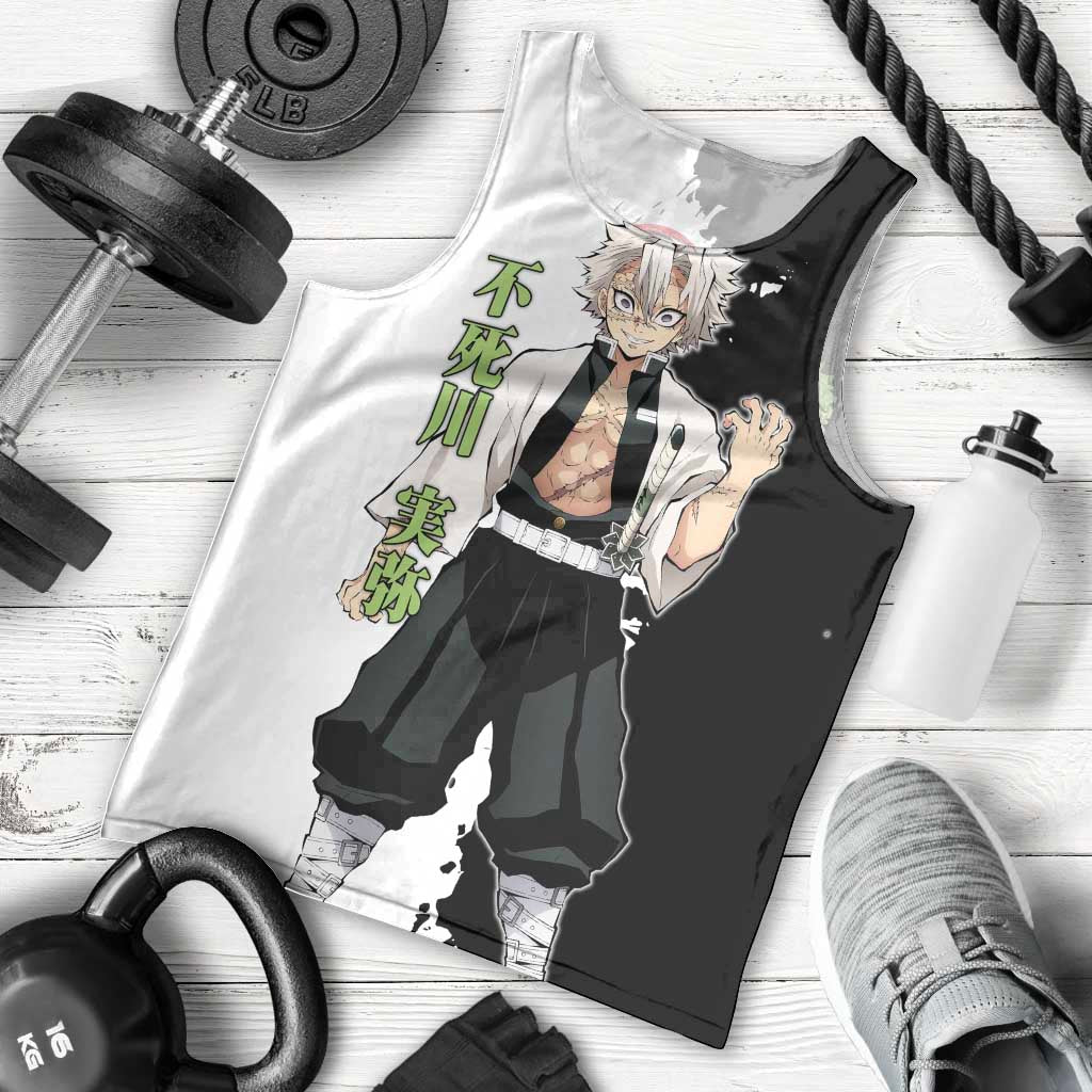 Sanemi Shinazugawa from Demon Slayer Men Tank Top with Black and White Split Background and Intense Battle-Ready Manga Style Design - The Mazicc