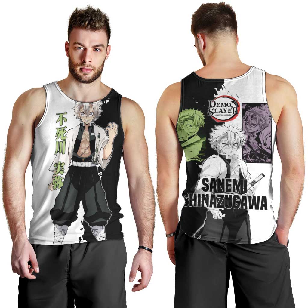 Sanemi Shinazugawa from Demon Slayer Men Tank Top with Black and White Split Background and Intense Battle-Ready Manga Style Design - The Mazicc